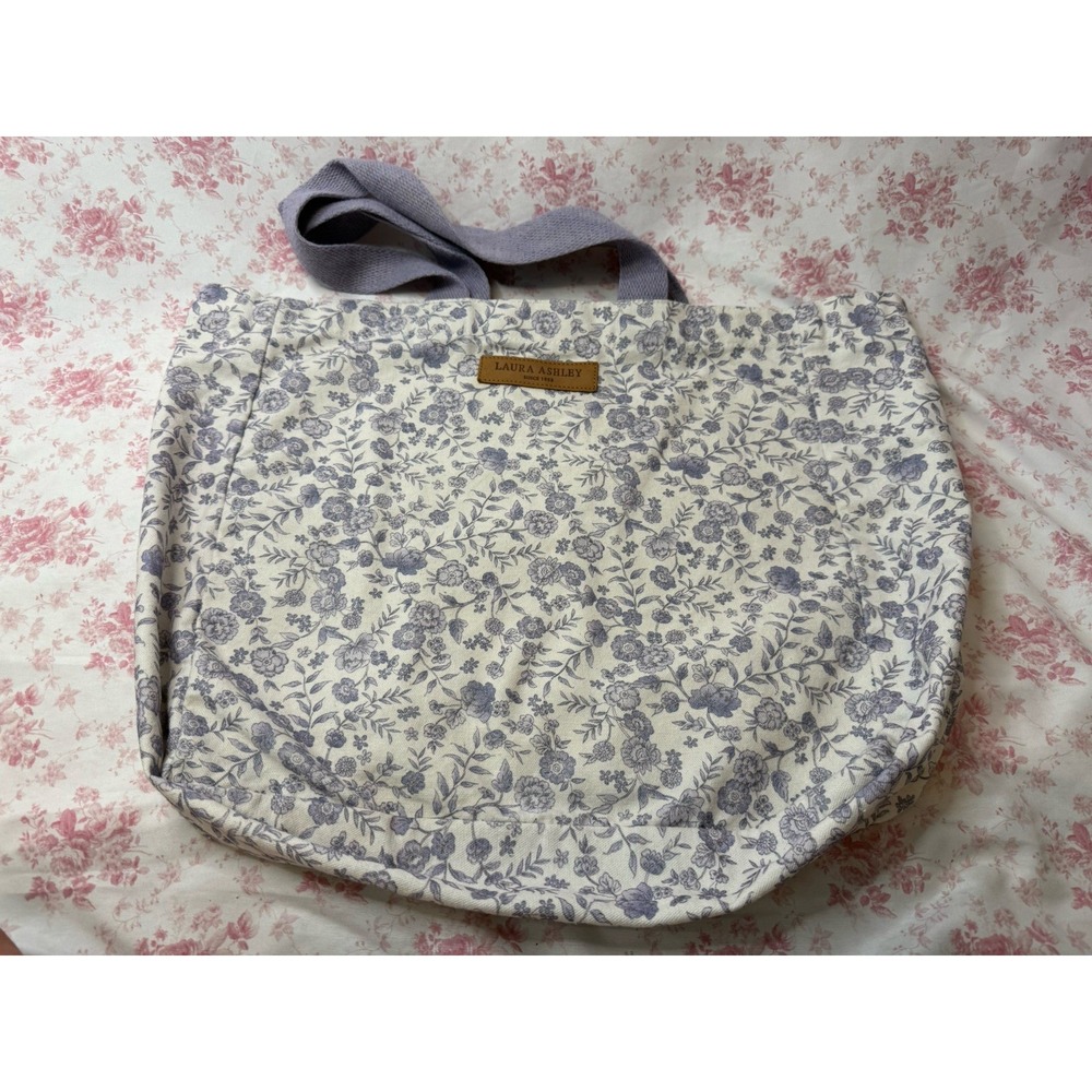 Laura Ashley Floral Canvas Tote Bag Blue White Large Shoulder Bag 18x21
